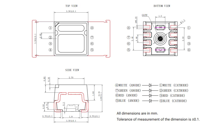 Mechanical Drawing - Cree LED CLW6A 4-in-1 SMD LEDs
